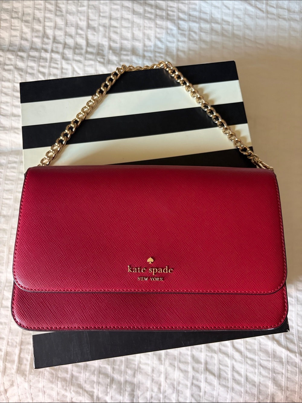 kate spade red leather flap shoulder bag with gold chain